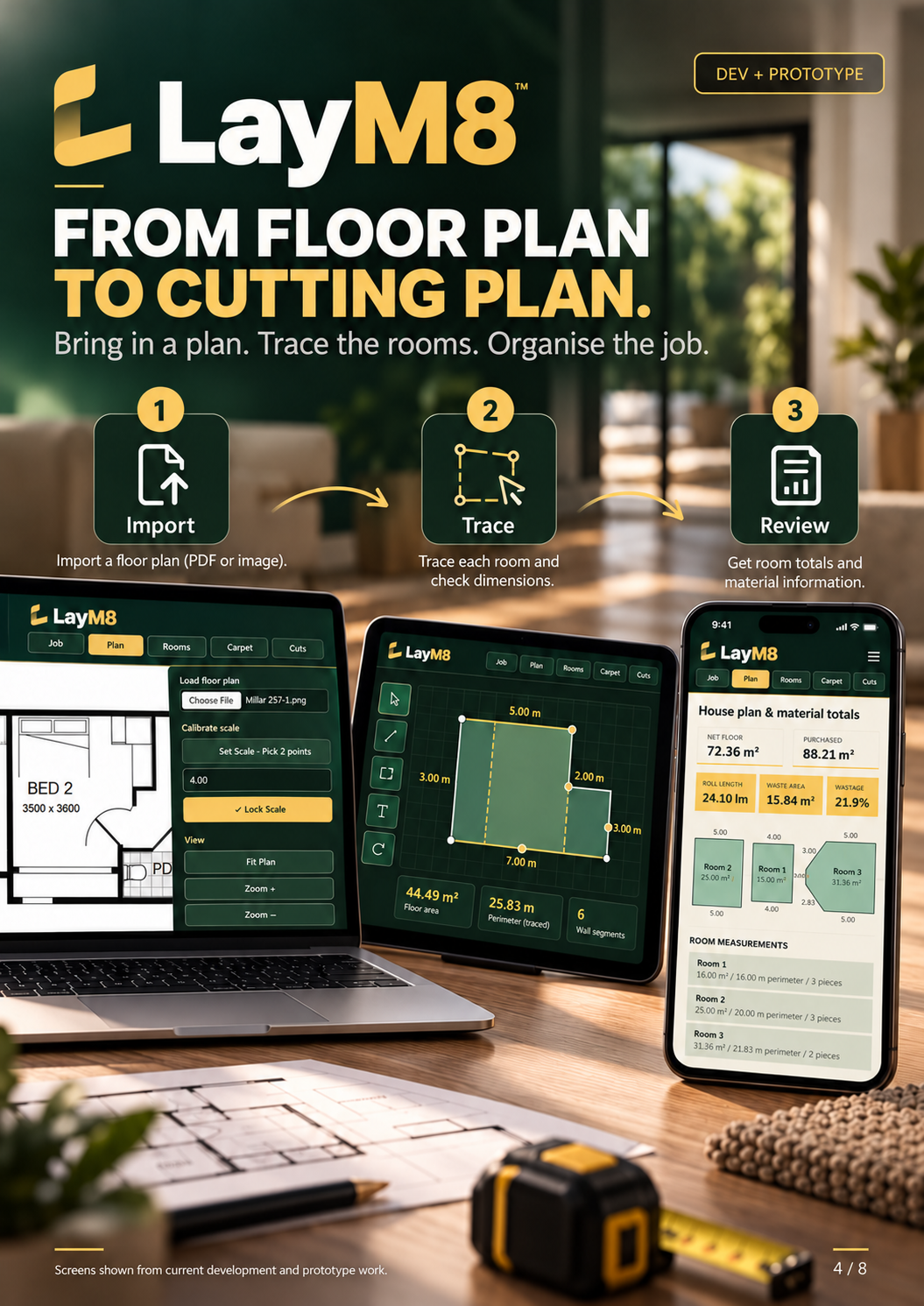 LayM8 workflow: import a floor plan, trace each room and check dimensions, then review room totals and material information